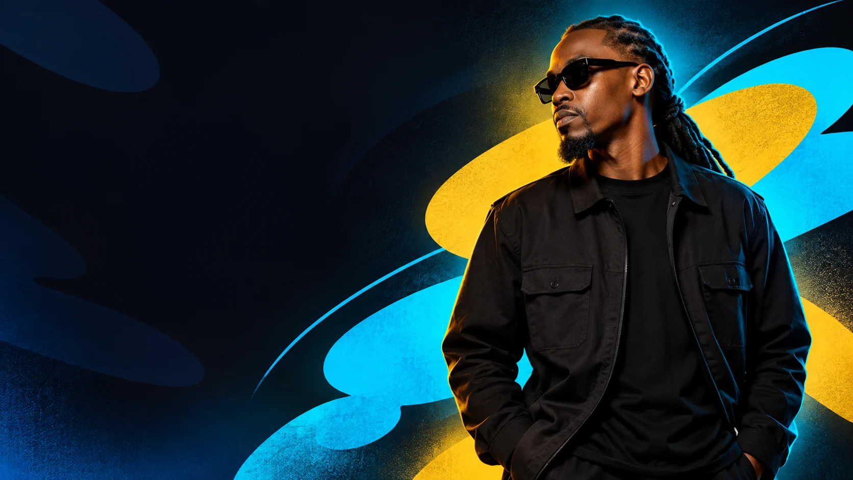 Dubbz wearing sunglasses against navy, cyan, and gold artwork